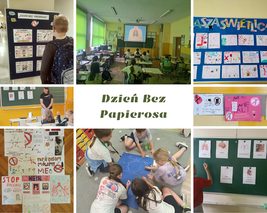 Kolaż zdjęć- dzieci oglądające film, przygotowujące plakat, plakat na korytarzu szkolnym