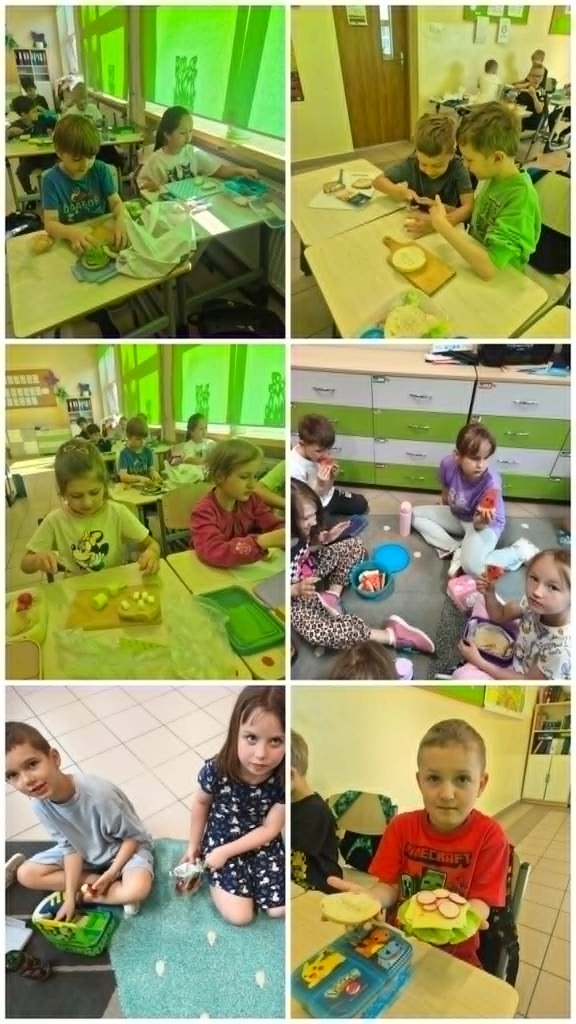 dzieci z klas I zjadają przygotowane przez siebie zdrowe śniadanie.