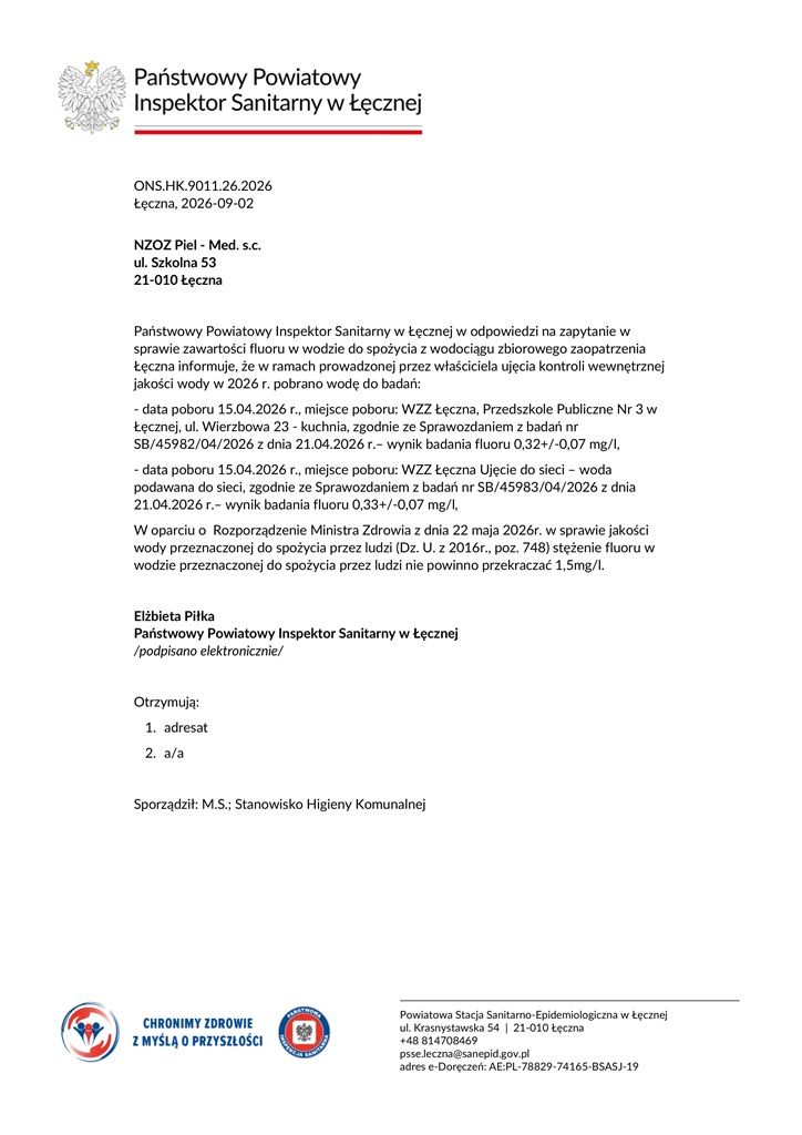 Treść pisma Państwowego Powiatowego Inspektora sanitarnego w Łęcznej