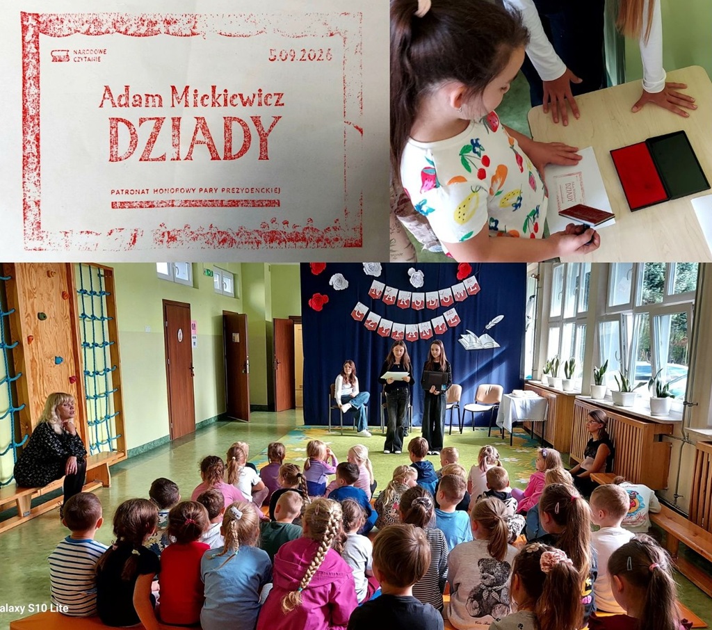 Kolaż. Na jednym ze zdjęć zasłuchane dzieci. Na kolejnym dziewczynka przystawia pieczątkę.