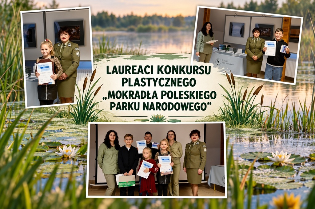 Kolaż zdjęć, laureaci konkursu z dyplomami na tle krajobrazu mokradeł.