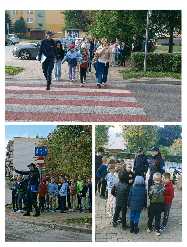 kolaż trzy zdjęcia: uczniowie przechodzącą przez pasy pod opieką policjantów