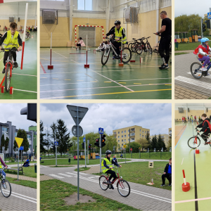 kolaż zdjęć, uczniowie naszej szkoły wykonują konkurencje rowerowe na torze przeszkód oraz na miasteczku rowerowym