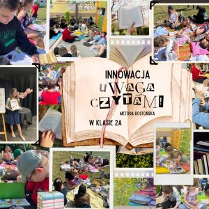 uczniowie klasy 2a, którzy czytają książki w klasie i w plenerze