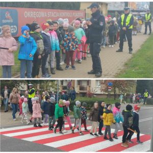 kolaż, kolumna uczniów stojąca na chodniku, razem z nimi 3 policjantów, poniżej przechodzących w kolumnie z opiekunami i policjantami przez przejście dla pieszych.