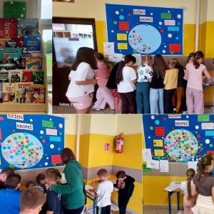 Kolaż zdjęć, na których dzieci uczestniczą w zabawach przed biblioteką.