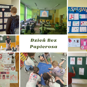Kolaż zdjęć- dzieci oglądające film, przygotowujące plakat, plakat na korytarzu szkolnym