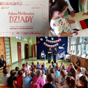 Kolaż. Na jednym ze zdjęć zasłuchane dzieci. Na kolejnym dziewczynka przystawia pieczątkę.