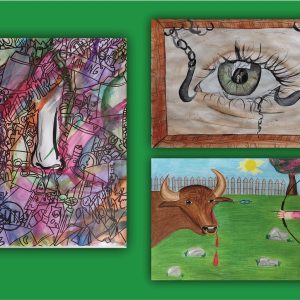 Na zielonym tle trzy nagrodzone prace w konkursie idiomy w obrazach w klasach siódmych