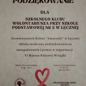 podziękowanie dla Szkolnego Klubu Wolontariusza