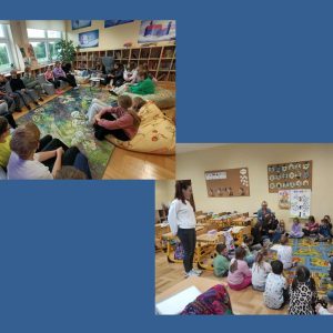 Kolaż zdjęć. W bibliotece- uczniowie czytają i słuchają. W Sali- starsi uczniowie czytają młodszym, którzy słuchają.