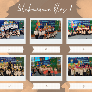 Uczniowie klas pierwszych w kolorowych biretach pozują do pamiątkowych zdjęć z wychowawcami klas.