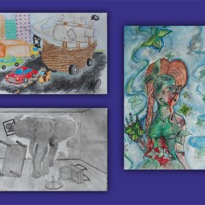Na fioletowym tle trzy prace nagrodzone w konkursie idiomy w obrazach w klasach ósmych